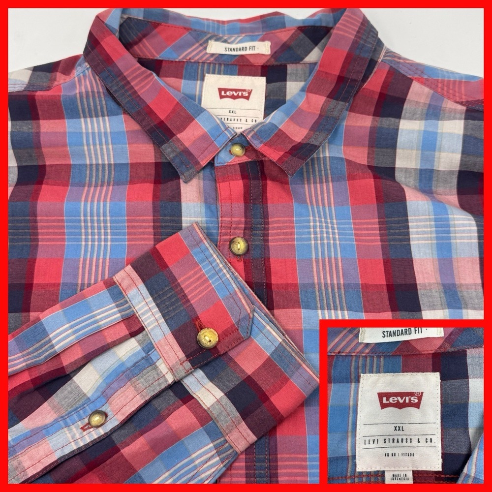 Vintage Levis Shirt Mens XXL Red‎ Blue Check Plaid Flannel Button Up Long Sleeve
